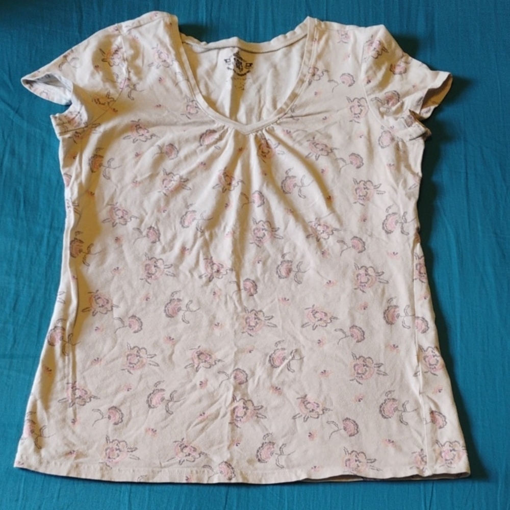 Route 66 Cream Short Sleeve V-Neck Top with Pink Floral Print